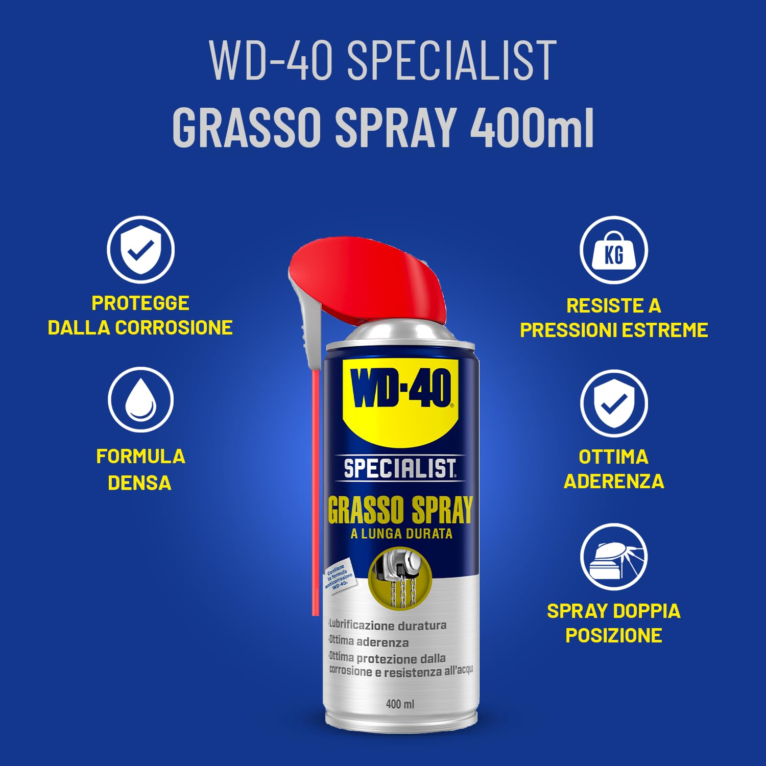 WD-40 - Specialist - Grasso Spray - Lubrificante a lunga durata - Adesione e tenuta ottimali - Elevata resistenza ad acqua, corrosione e temperature (da -20°C a +115°C) - Per tutti i metalli - 400ml