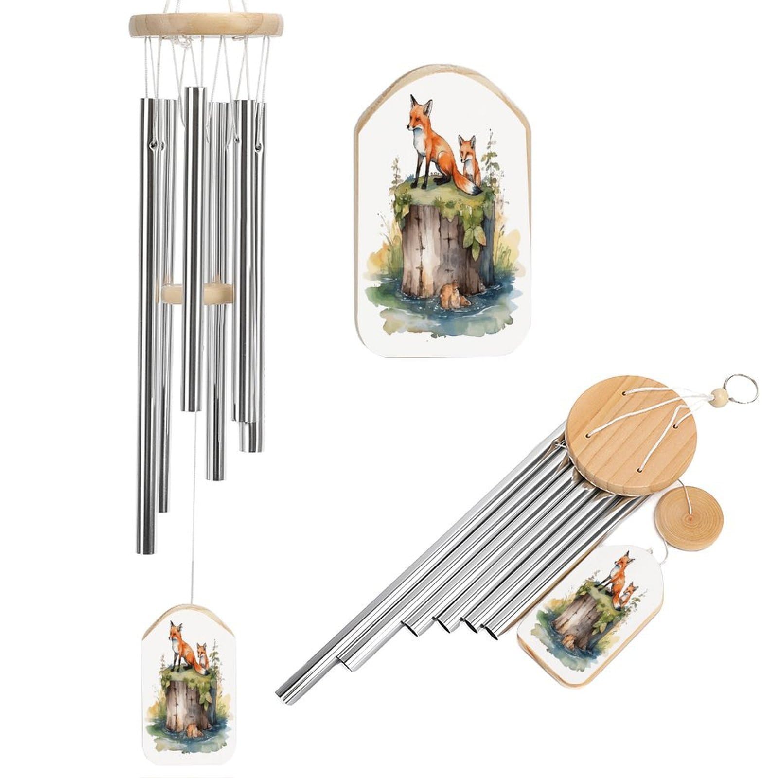 Btcowzrv Style Hand Drawn Fox Wind Chimes For Outside, Hanging Windchimes With 6 Aluminum Tubes, Memorial Wind Chime For Patio Backyard Garden And Outdoor Decor