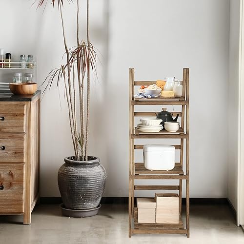 Miniatura 6 de NO MORE TAG Estante de escalera de 4 niveles, estantería de escalera de madera, estantería inclinada con espacio de almacenamiento, estante de