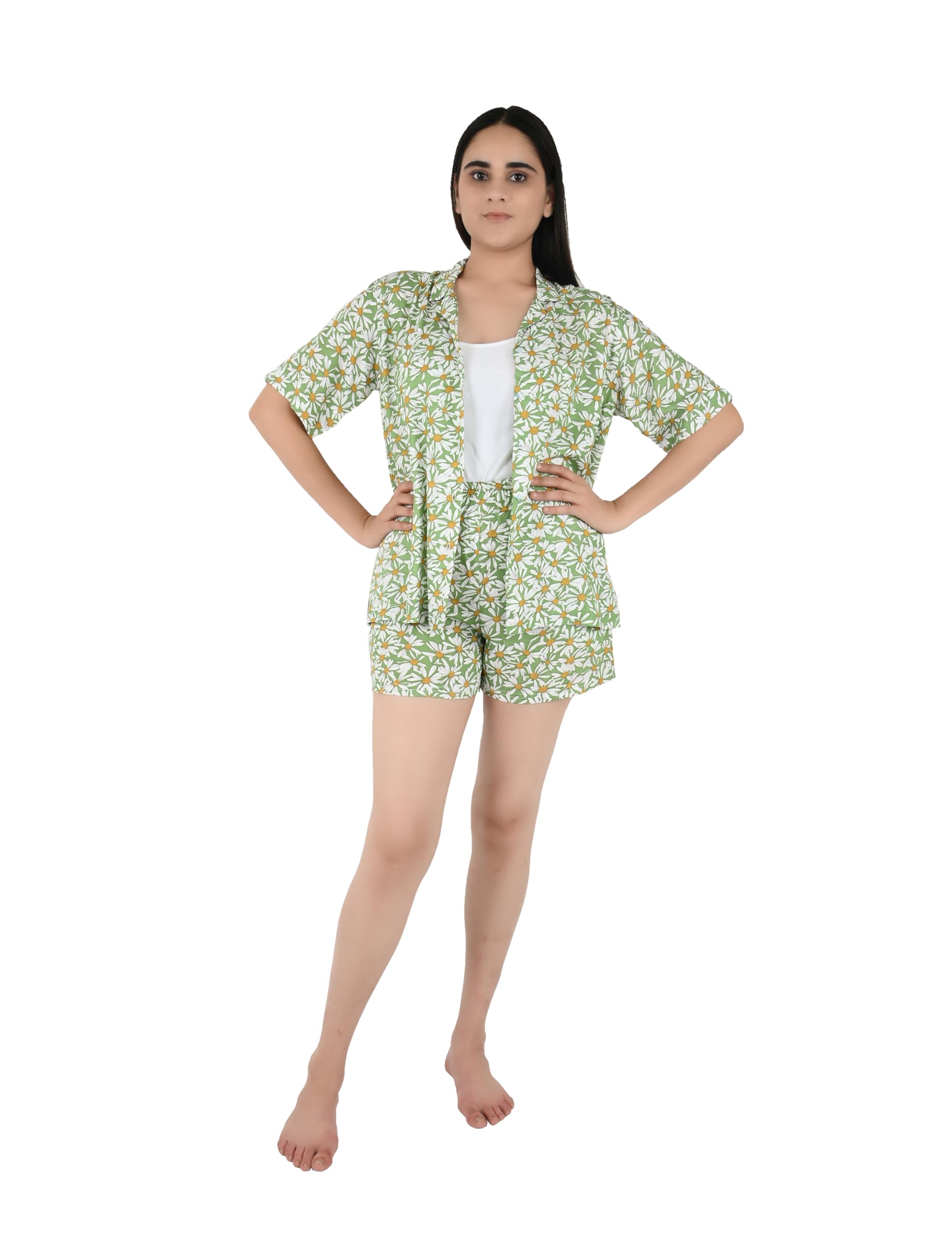 blissence Blissene Floral Printed Shirt & Shorts Co-Ord Set Beachwear for Women Teen-picture-12