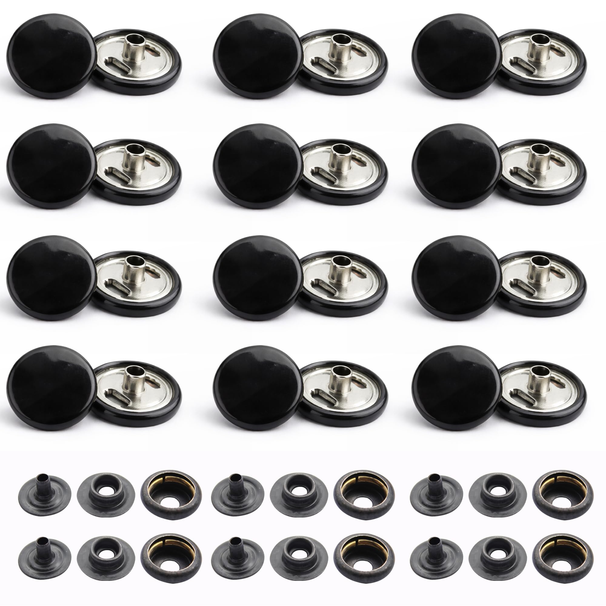 Pernos de empuje de 15 mm, negro brillante 4 piezas, cremalleras de metal duraderas y ligeras para chaquetas, correas y proyectos de costura, reparación de ropa, 500 piezas