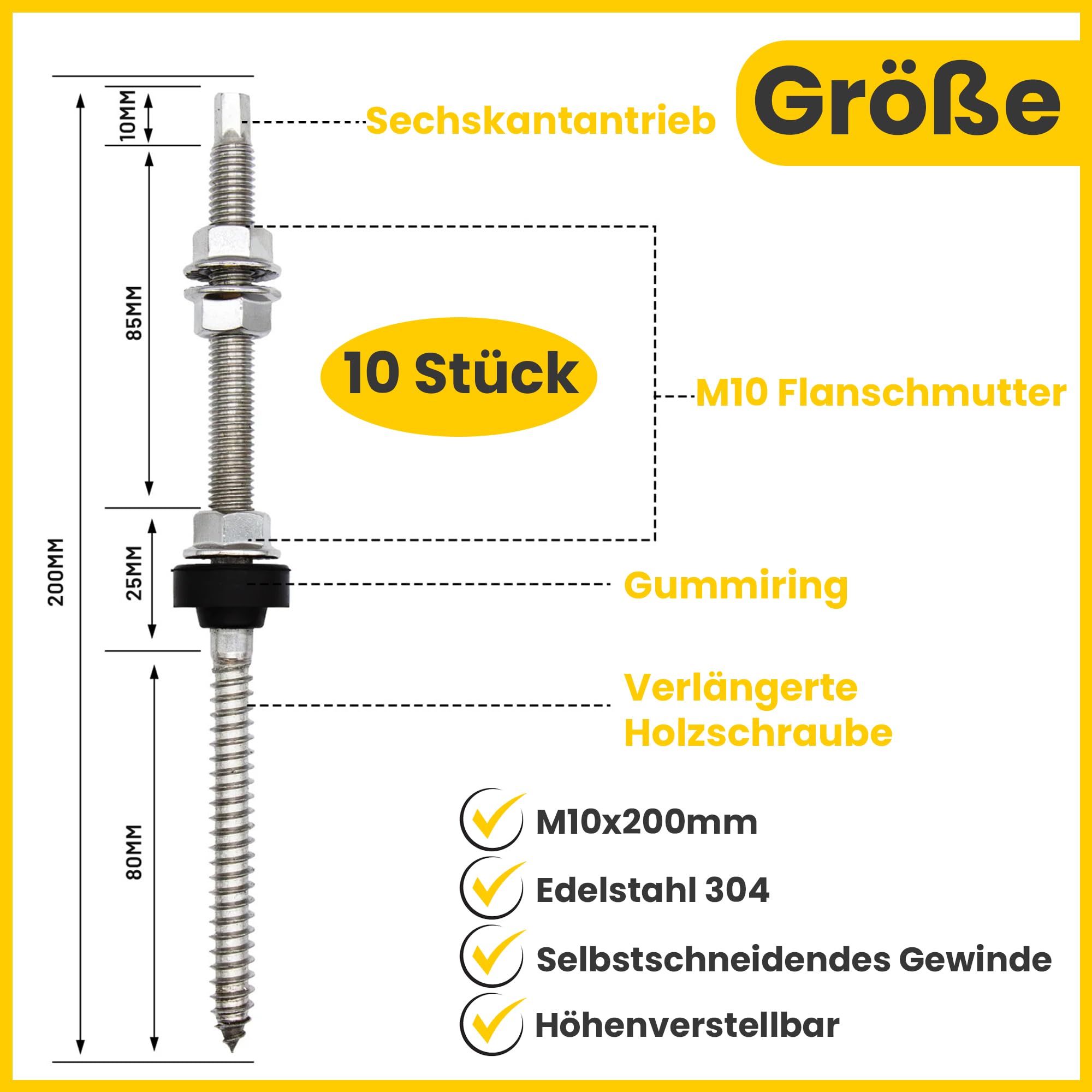 Offgridtec - Tornillo M10 x 200, acero inoxidable, altura regulable, incluye chapa adaptadora, junta de goma EPDM