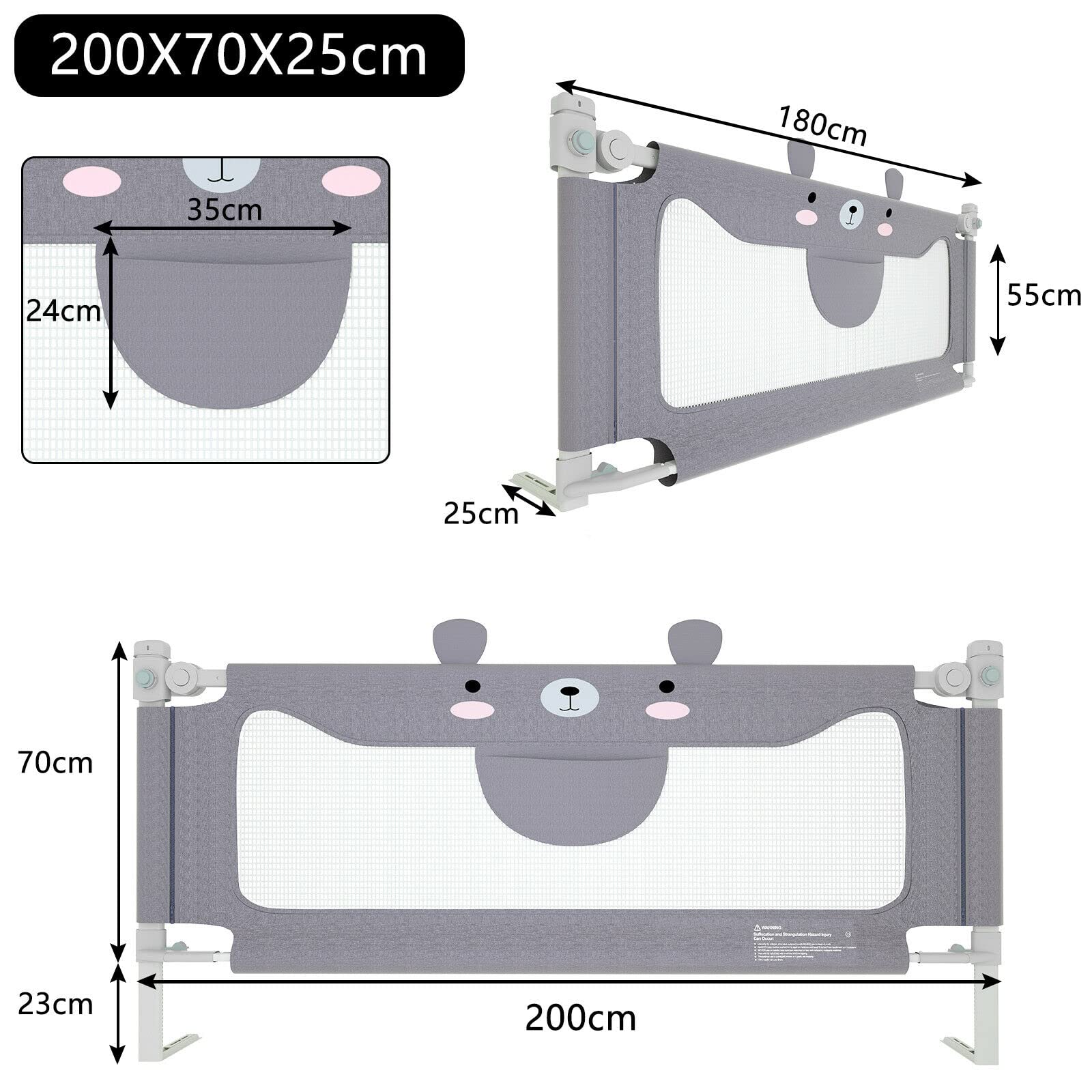 YRHome 180 cm di protezione dalla caduta per bambini, griglia di protezione, griglia di protezione per il letto, regolabile in altezza, cintura di sicurezza portatile, per bambini o anziani