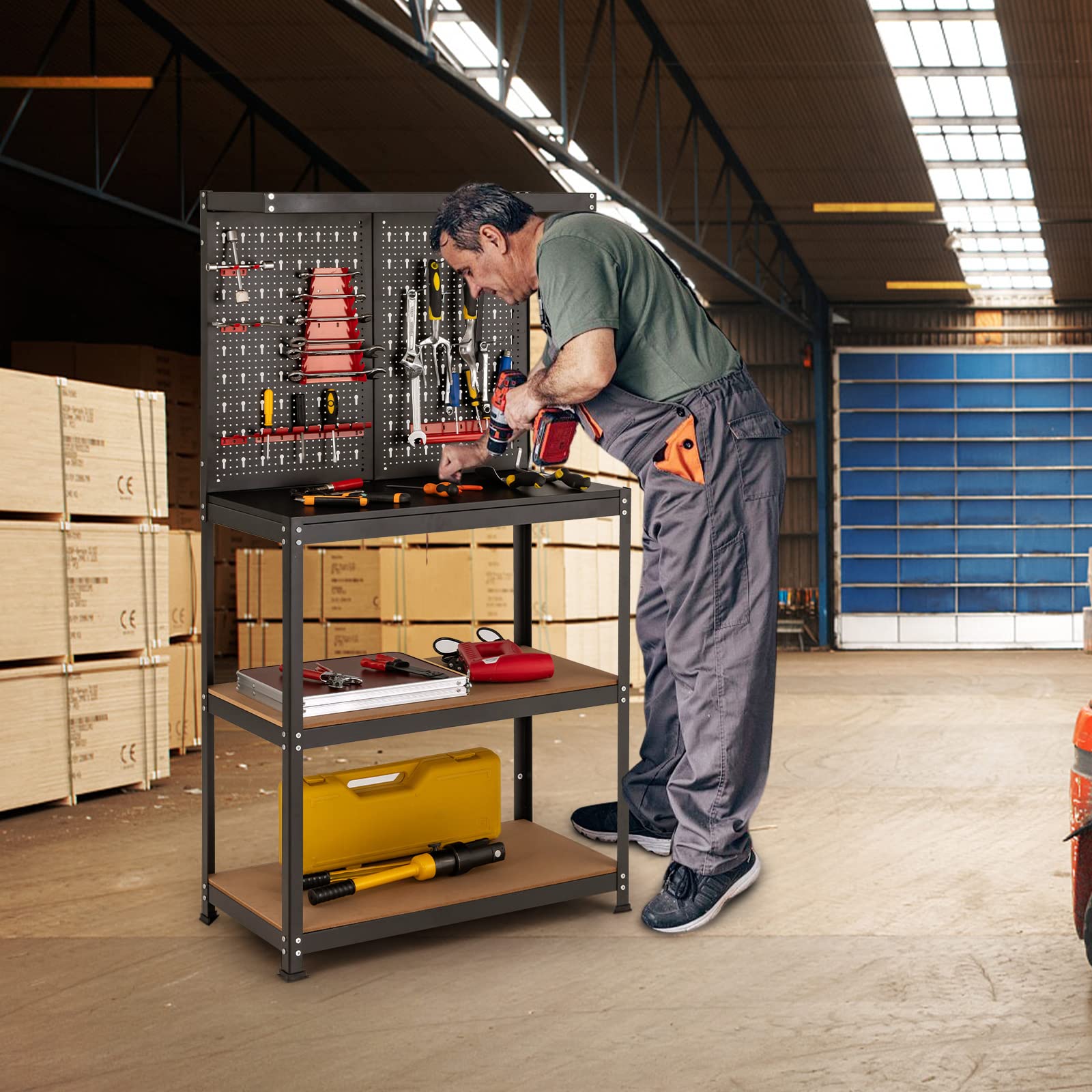 COSTWAY Banco da Lavoro, in Metallo e MDF, con 3 Ripiani, 13 Accessori da Appendere, 80,5 x 41x 155cm, per Garage, Casa, Officina e Magazzino
