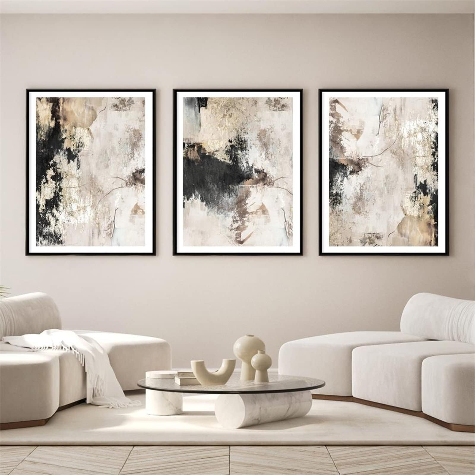 Modern Abstract Beige Canvas Wall Art Grey Black Brown and Gray Decor Poster for Living Room Gold Foil Black and White Modern Canvas Wall Art 16x24inchx3 No Frame