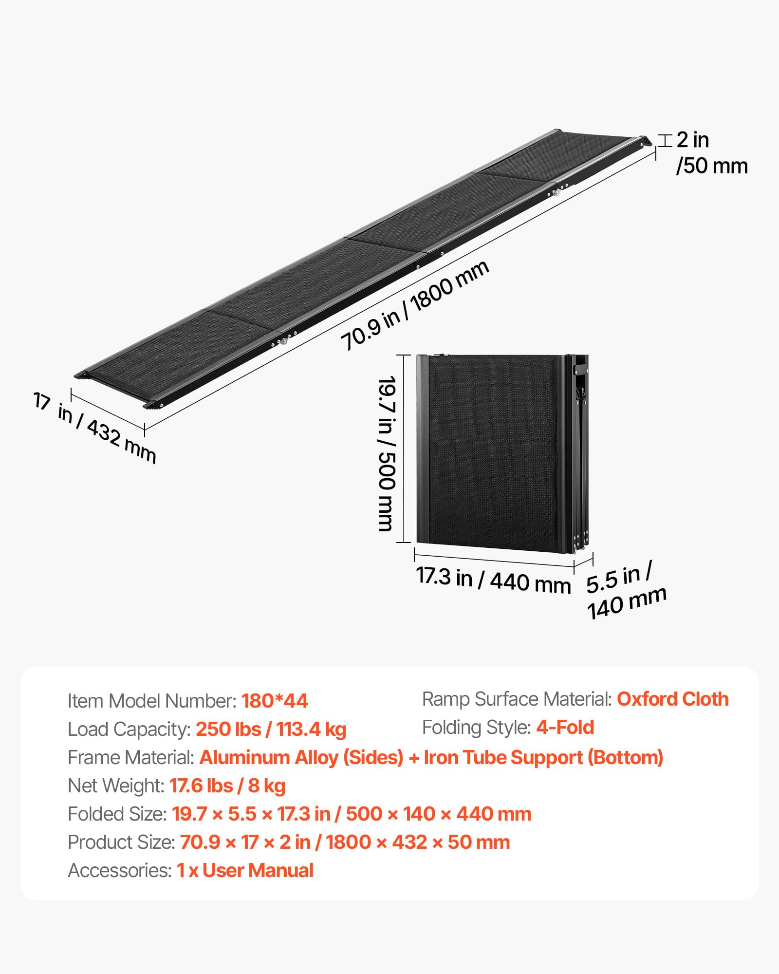 VEVOR Rampa para Perros para Coche, 180 x 43,2 cm, Plegable, para Perros Medianos y Grandes de hasta 113 kg, con Superficie de Tela Oxford Antideslizante, Portátil, para Exteriores, SUV y Camión