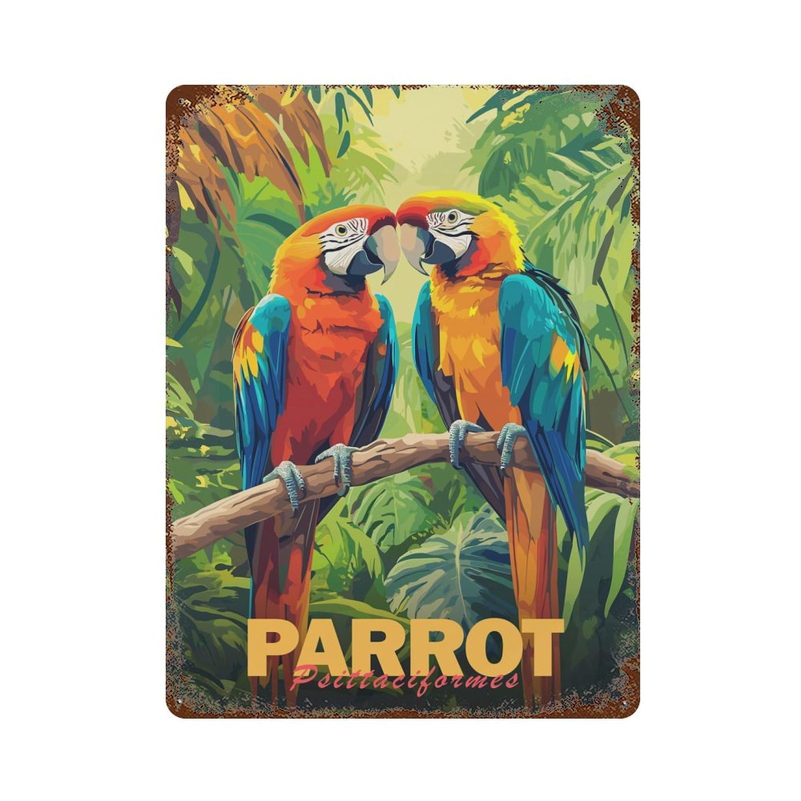 Decorative Tin Sign Two Macaws in Jungle 15.7"x11.8", Novelty Wall Decor for Shed, Workshop And Garage Wall Decor