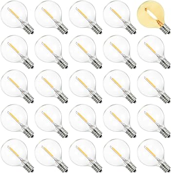 Tomshine 25 Pack LED E12 Edison Screw Globe G40 Bulbs 2200K Warm White Clear Glass Bulbs Replacement for String Lights Indoor Outdoor Decoration IP44 WaterproofAC220V-240V