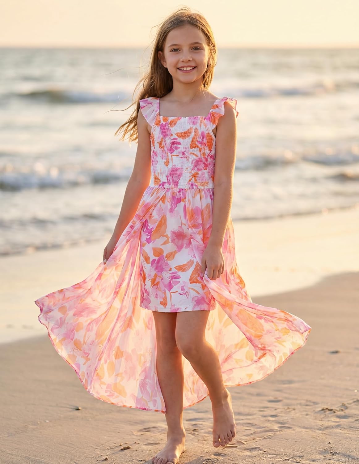 GRACE KARIN Girls Hawaiian Floral Smocked Dresses, Girl Flutter Sleeve Spring Summer Dress, Kids Easter Maxi Long Dresses