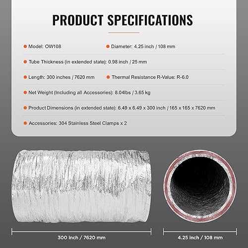 Miniatura 7 de VEVOR Conducto flexible aislado de 4 pulgadas R-6.0, 25 pies de largo con 2 abrazaderas de conducto, manguera de conducto de aire de protección de