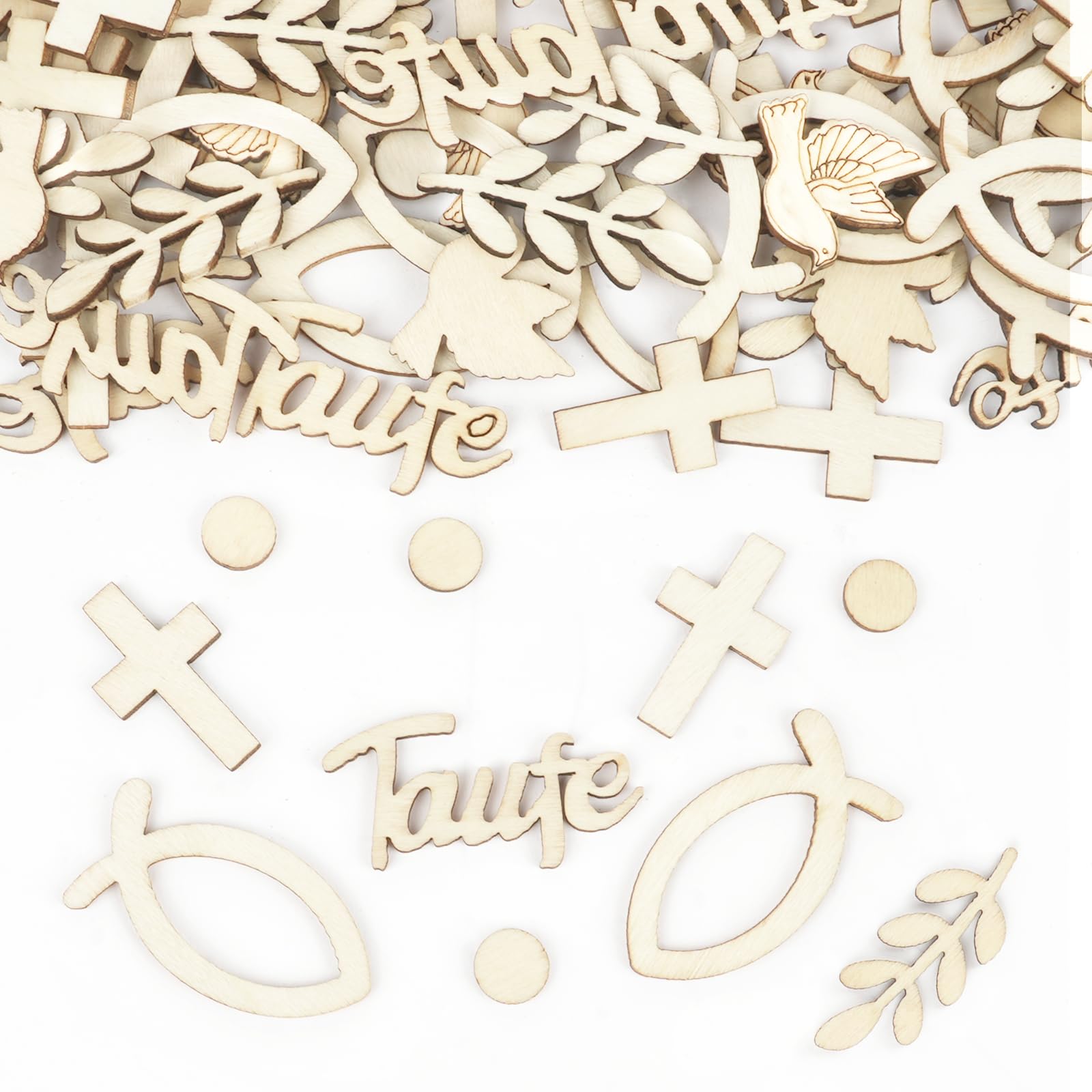 Confettis En Bois Pour Baptême SPOKKI - 90 Pièces Motifs Colombe, Feuille De Sauge, Pois - Décoration De Table