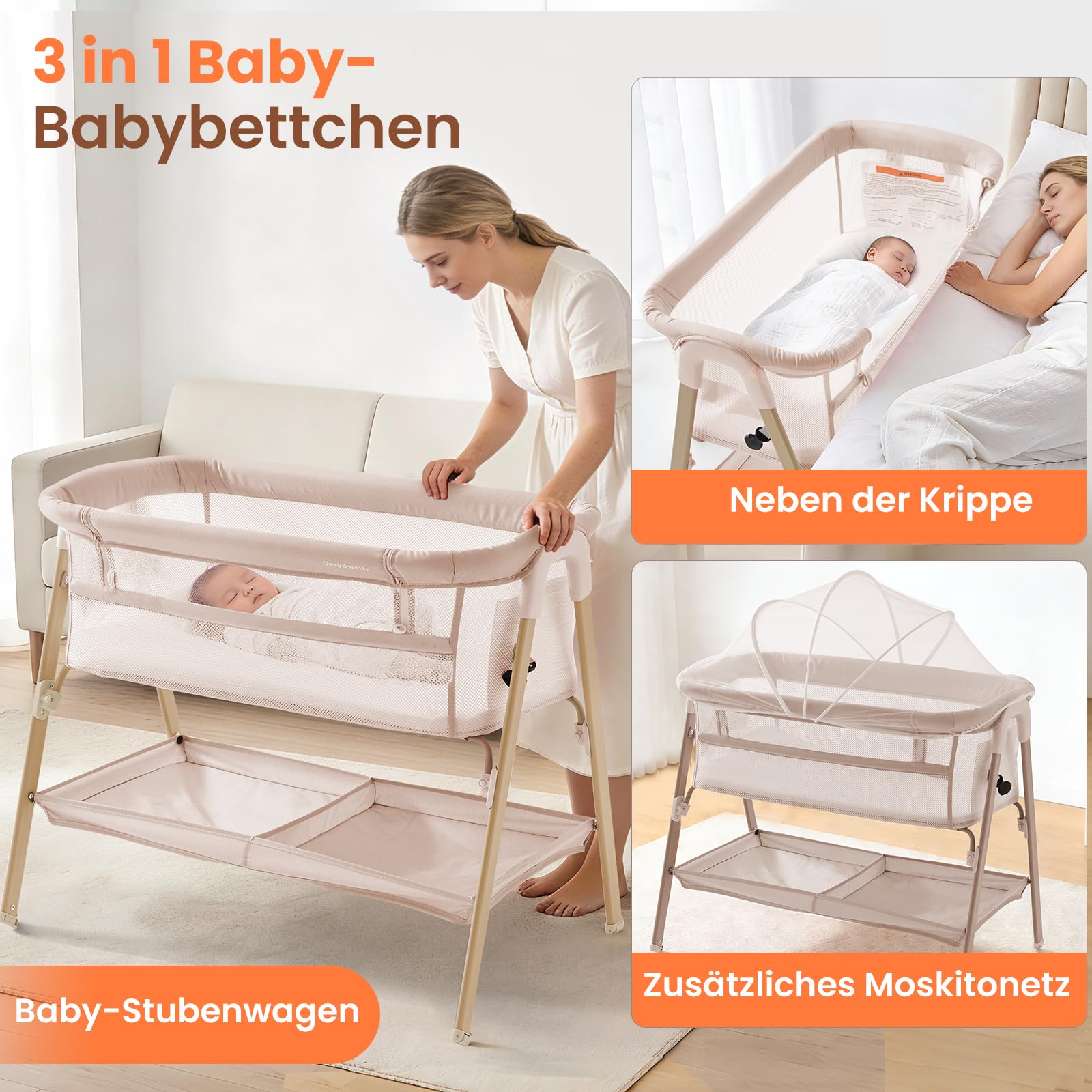 3-in-1-Babybett für Babys von der Geburt bis 9 kg, tragbares Kinderbett, Reisebett, Baby-Kinderbett, Nachttisch, Kinderbett für Neugeborene, Beige