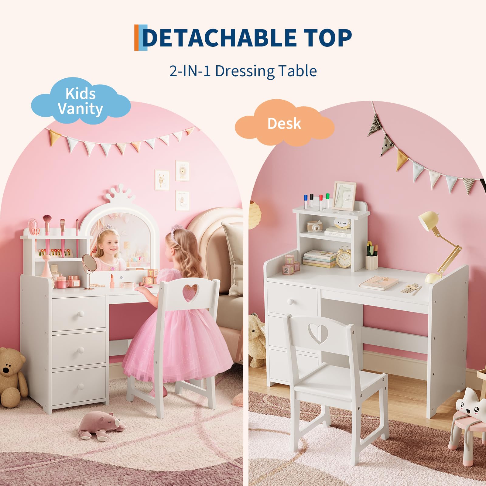 Garvee 2-in-1 Kinder Schminktisch Set – Weißer Holz Frisiertisch mit Spiegel & Beleuchtung, Hocker, 3 Schubladen, Abnehmbarer Aufsatz – Farbe: White