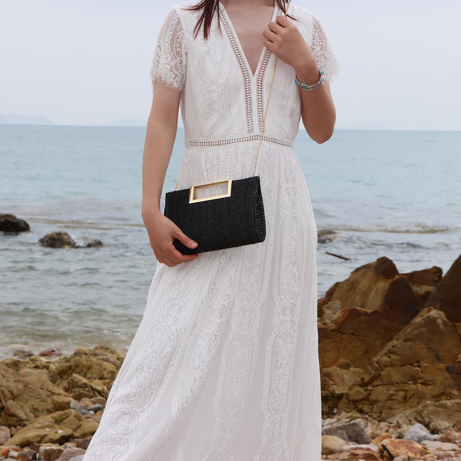 Bolso de Mano de Paja Para Mujer Bolso de Hombro de Cena de Paja de Verano con Cadena de Metal Bolso de Mano Cuadrado Bolso de Mano Tejido Para Fiesta de Bodas