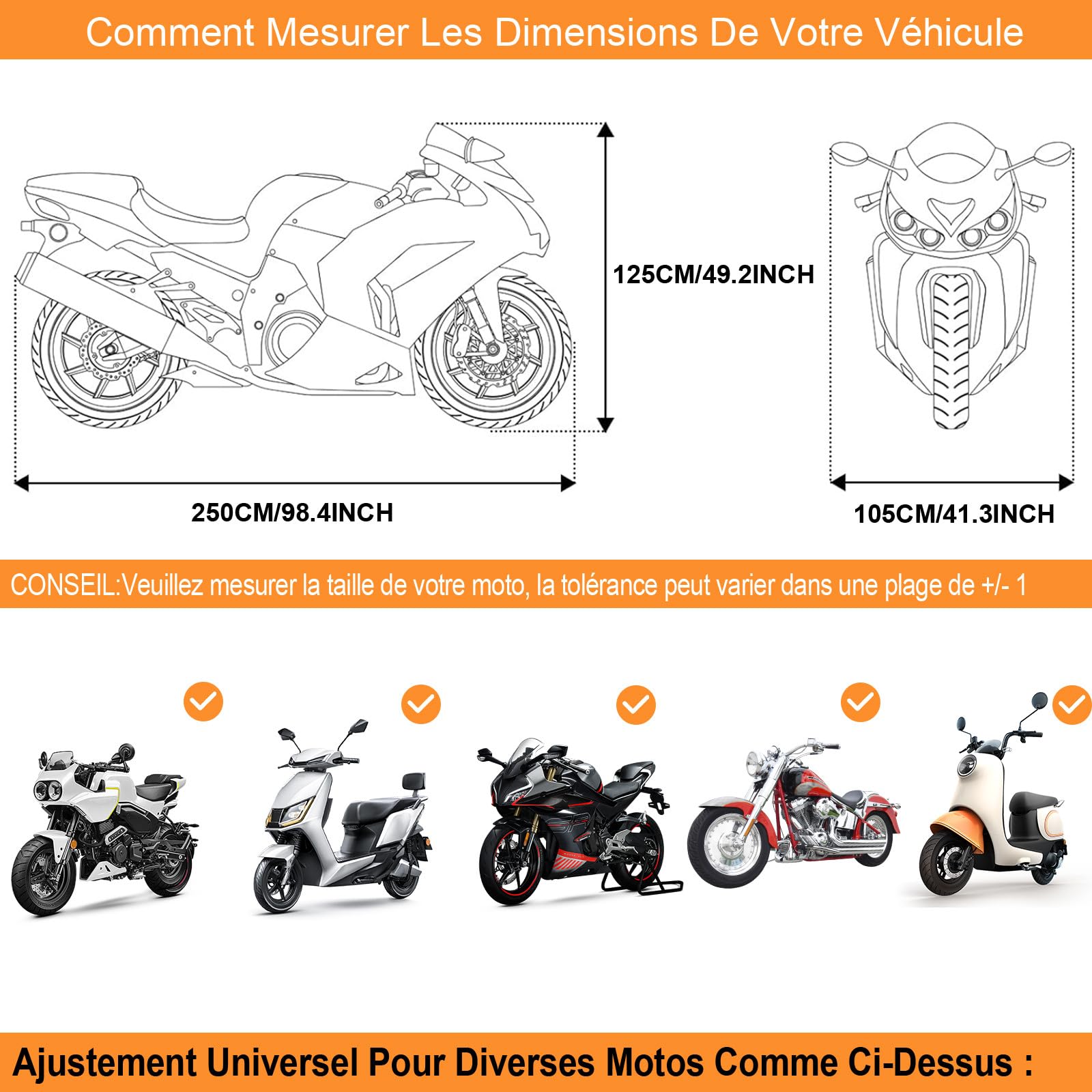 Housse de Moto Exterieur Impermeable, Bâche Protection Moto Interieur Étanche,210D à la Poussière/Neige/Pluie, au Vent, Soleil pour Couverture Moto Scooter XXL
