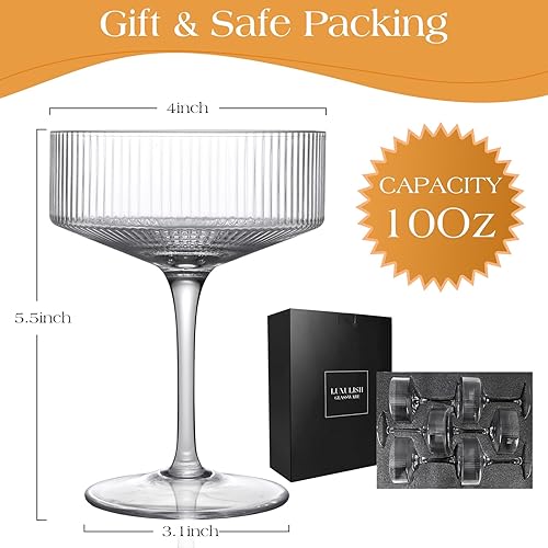 Miniatura 7 de Juego de 6 vasos de copa acanalados hechos a mano, de cristal, vintage, para martini y cóctel, perfectos para postres, cócteles, vino, champán y