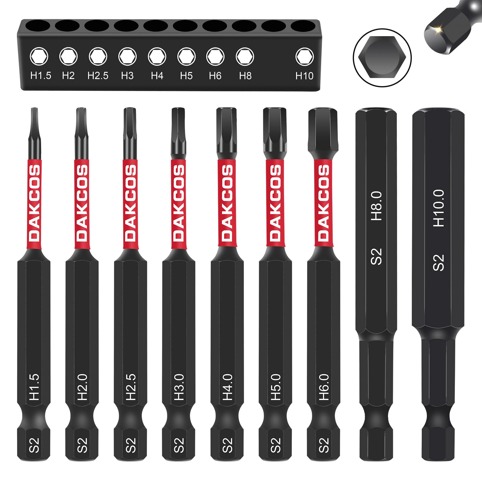 Dakcos Allen Key Drill Bit Set, H1.5-H10, 9 Pcs 1/4 Inch Hex Shank Hex Screwdriver Bit Set, Flat Head Drill Bits For Impact Power Tool S2 Steel, 75Mm Long