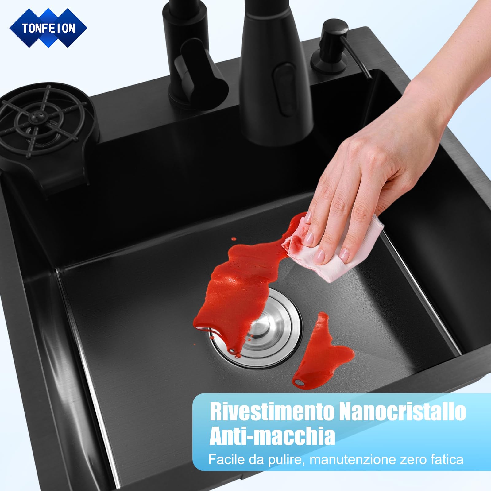 Lavello da incasso in acciaio inox, 50 x 45 cm, colore nero, con rubinetto estraibile + risciacquo + cestello di scarico + dispenser di sapone, lavello da cucina, 1 bacino per un uso facile