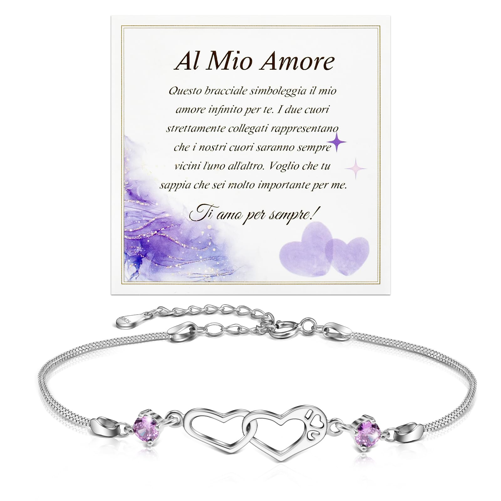 FANCIBAND Pulsera de mujer de plata 925 con doble corazón con circonita púrpura, personalizada, pulseras de mujer plateadas, regalo de cumpleaños de San Valentín para ella esposa novia, Talla única,