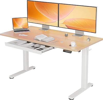 YDN Standing Desk with Drawers, 55 x 24 Inch Adjustable Height Stand Up Desk, Electric Sit Stand Computer Desk for Home Office, Natural