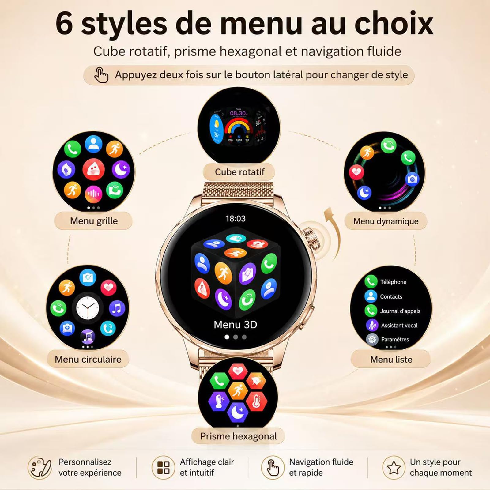 Efolen Montre Connectée Femme avec Appel Bluetooth, 1.27" Smartwatch Femme Ronde avec 2 Bracelets, Fréquence Cardiaque SpO2 Sommeil, 100+ Modes Sportifs, Podomètre IP68 pour Android iOS
