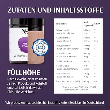 XbyX Phyto Power 90 g 45 Servings Hormonal Support from Menopause Hormone-Free Without Soy With Red Clover Cordyceps Schisandra Evening Primrose Oil Hops & Flax Seeds From Germany