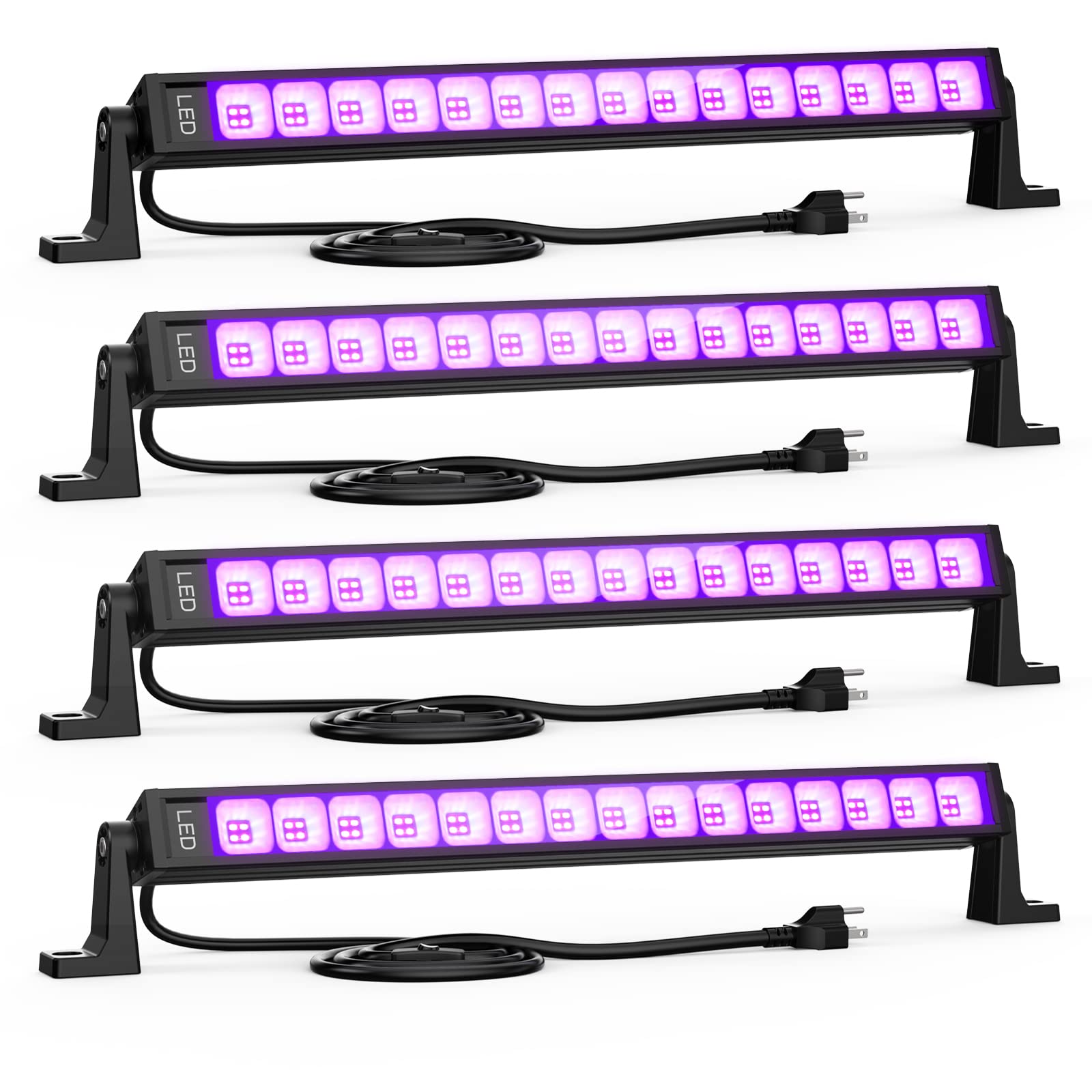 Meloght 27W LED Black Light Bar, 60 LEDs Blacklight with Plug and Switch, Light Up 20x20ft Area, Glow in The Dark Lights for Bedroom, Party, Halloween, Stage Lighting, Fluorescent Poster, 4 Pack