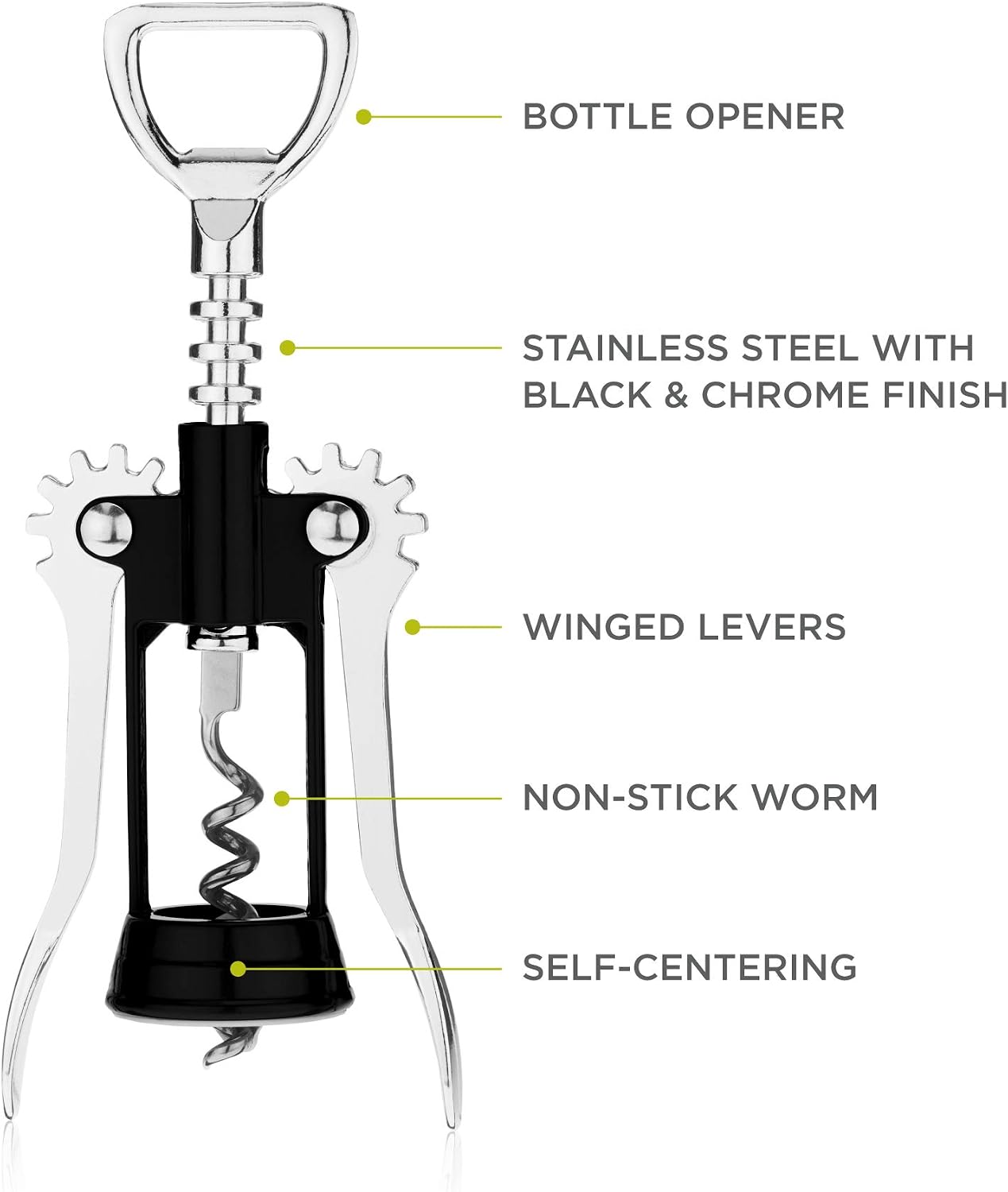 True Soar Winged Corkscrew Wine Opener, Multi-Purpose Bottle Opener for Beer and Soda, Stainless Steel with Chrome Finish, Easy to Remove Cork for Bartenders, Home Bar, Kitchen, Set of 1, Black image 2