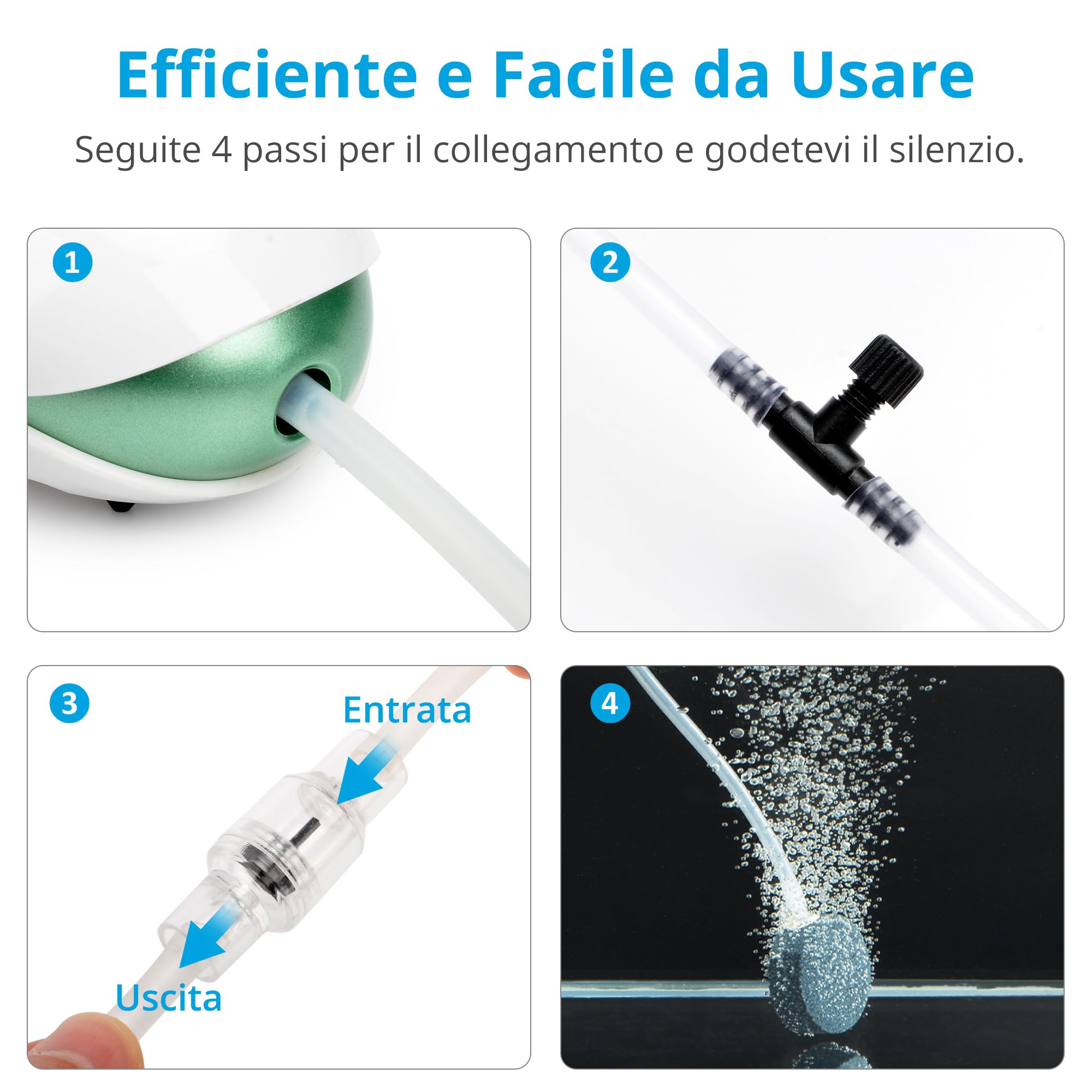 NICREW Ossigenatore per Acquario Ultra Silenzioso fino a 150 L con Flusso Regolabile, Pompa d'Aria per Acquario <35 dB Dotata di Tubo dell'Aria, Pietra e Valvola di Non Ritorno