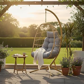 Foldable Hanging Egg Chair with Stand – Rattan Swing Chair with Grey Cushions & Headrest – Indoor/Outdoor Garden Patio Use Hammock Pod (Bamboo, 1 Seater)