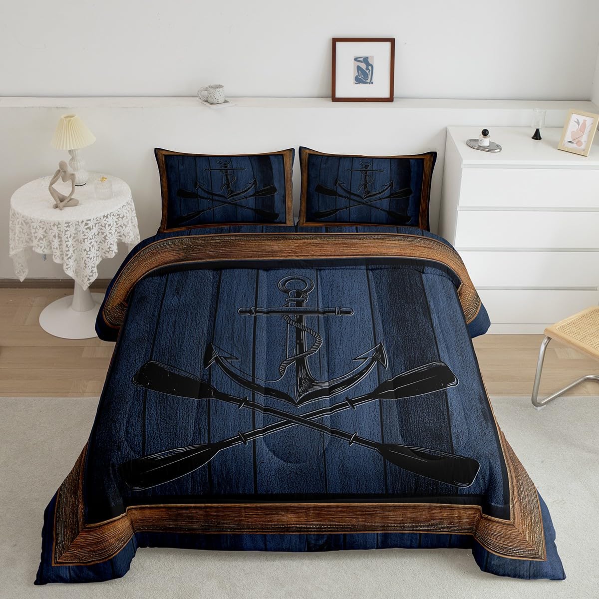 Lake Life Full Size Comforter Set,Nautical Anchor Paddle Print Bedding Comforters Bedroom Collection,Navy Blue Wooden Board Rustic Plaid Bedding Set for Girls Teens