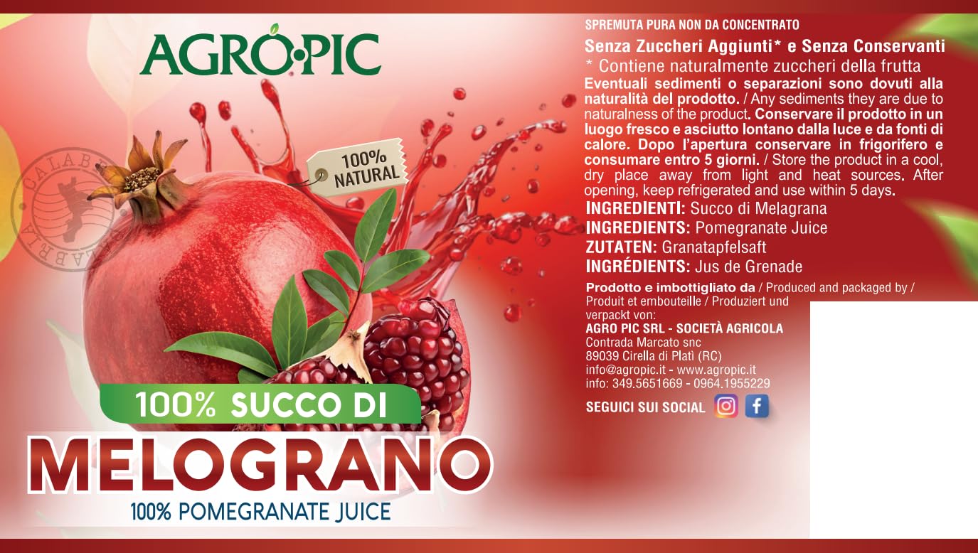 Agropic Succo di Melograno 100%, 24 bottiglie da 200 ml di puro succo di melograno senza zuccheri aggiunti, senza conservanti, Made in Italy