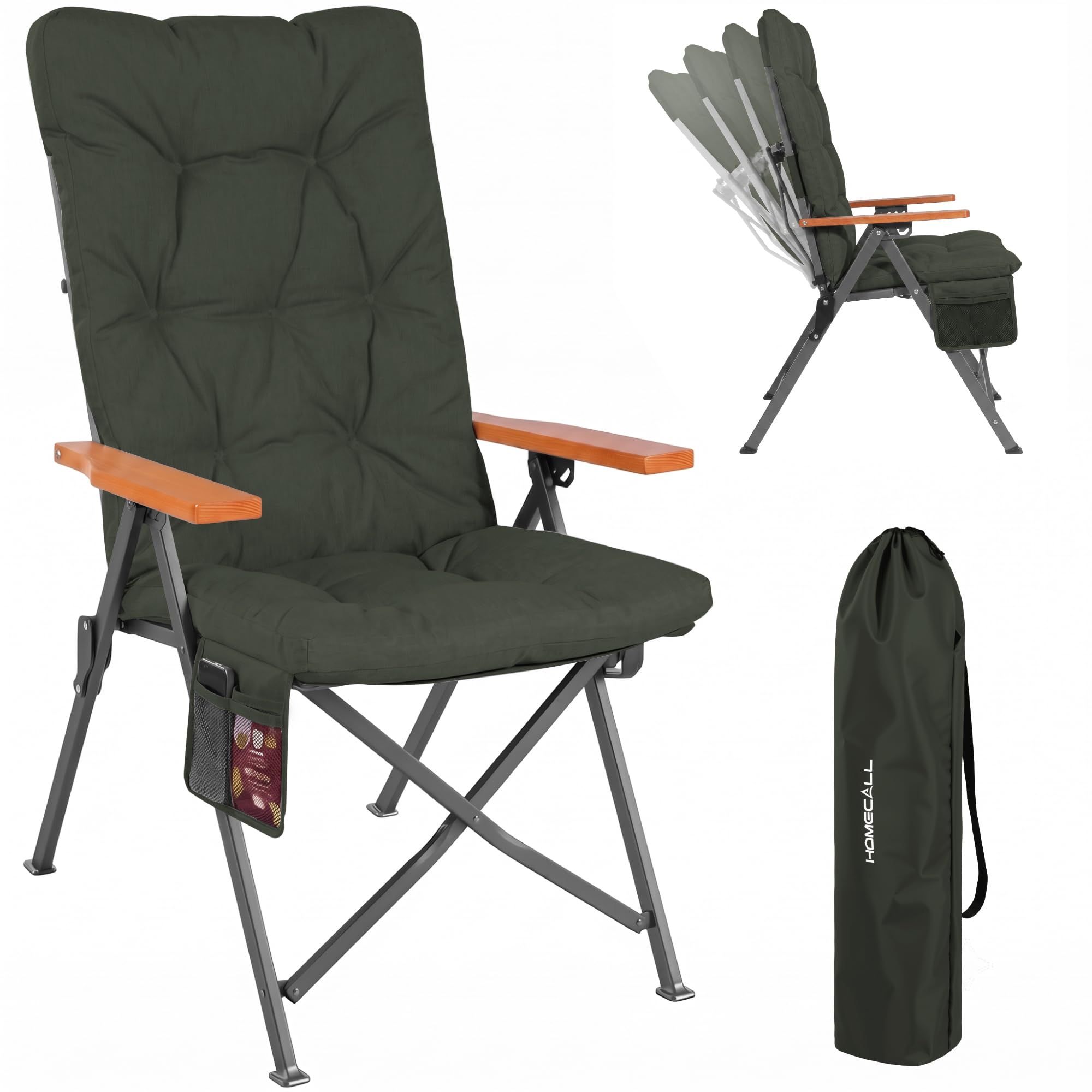 Homecall Silla de camping plegable, soporta 150 kg, respaldo alto, silla plegable de lujo, con 3 posiciones, ajustable con 4,5 cm de grosor, acolchada, para jardín, balcón, autocaravana (1, gris