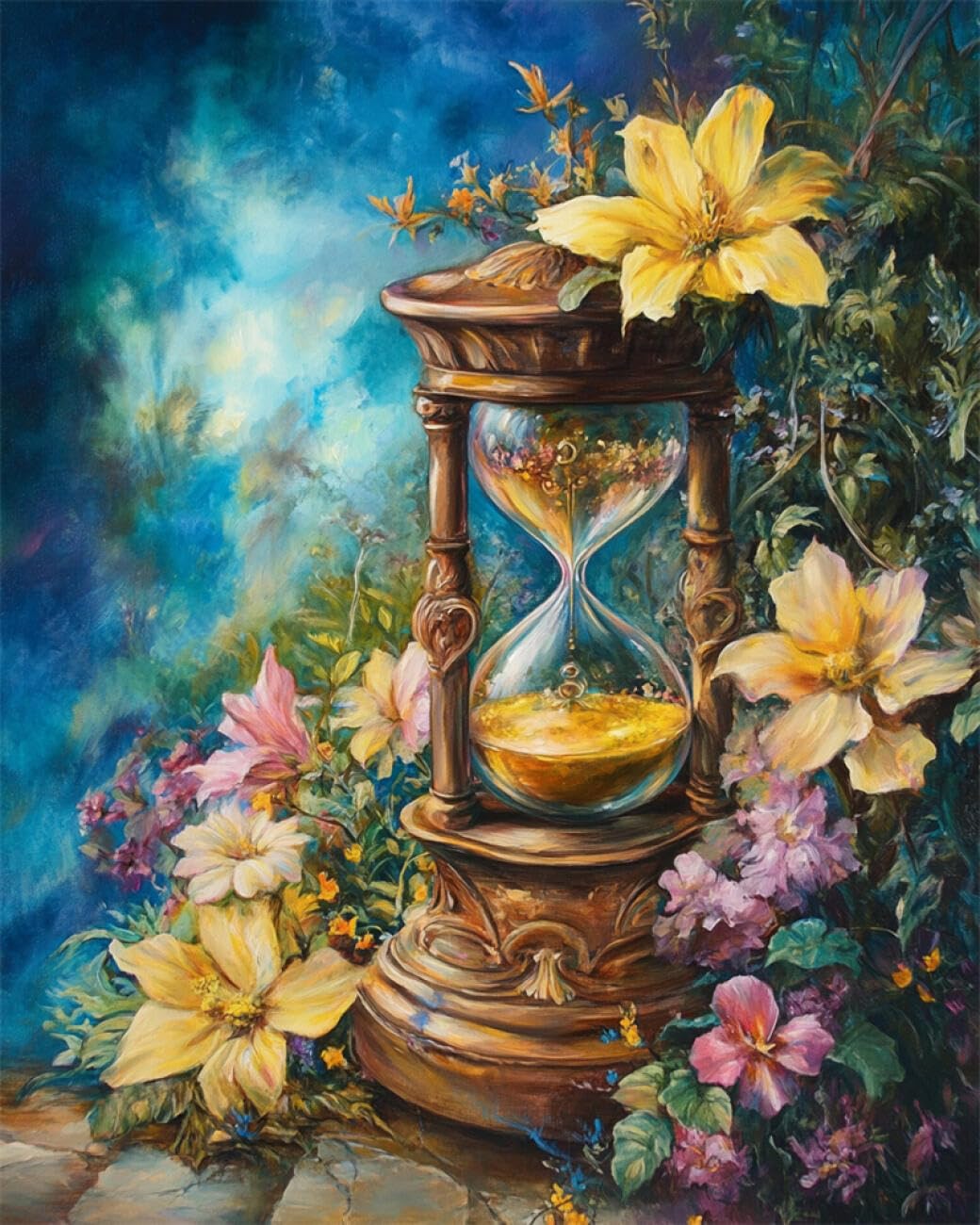 RKFLGEW DIY Bead Embroidery Kits Hourglass and Flowers 30x40cm