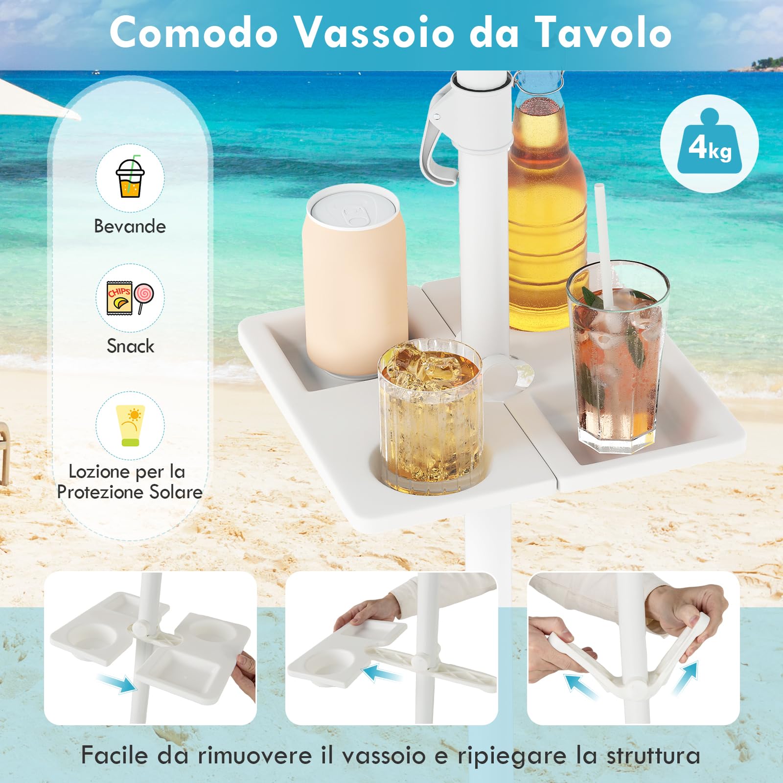 RELAX4LIFE Ombrellone da Spiaggia diametro 220 cm con Vassoio, Ombrellone da Mare Inclinabile a 8 Stecche con Air Vent, Protezione solare e impermeabile, Borsa di Trasporto Inclusi (Modello 4)