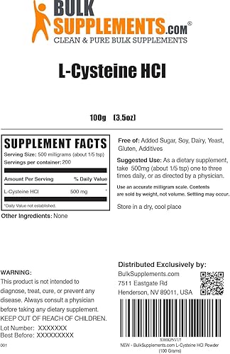 Miniatura 2 de BULKSUPPLEMENTS.COM L-cisteína HCl en polvo  Suplemento de aminoácidos, fuente de antioxidantes  500 mg de L-cisteína HCl anhidro por porción, 200