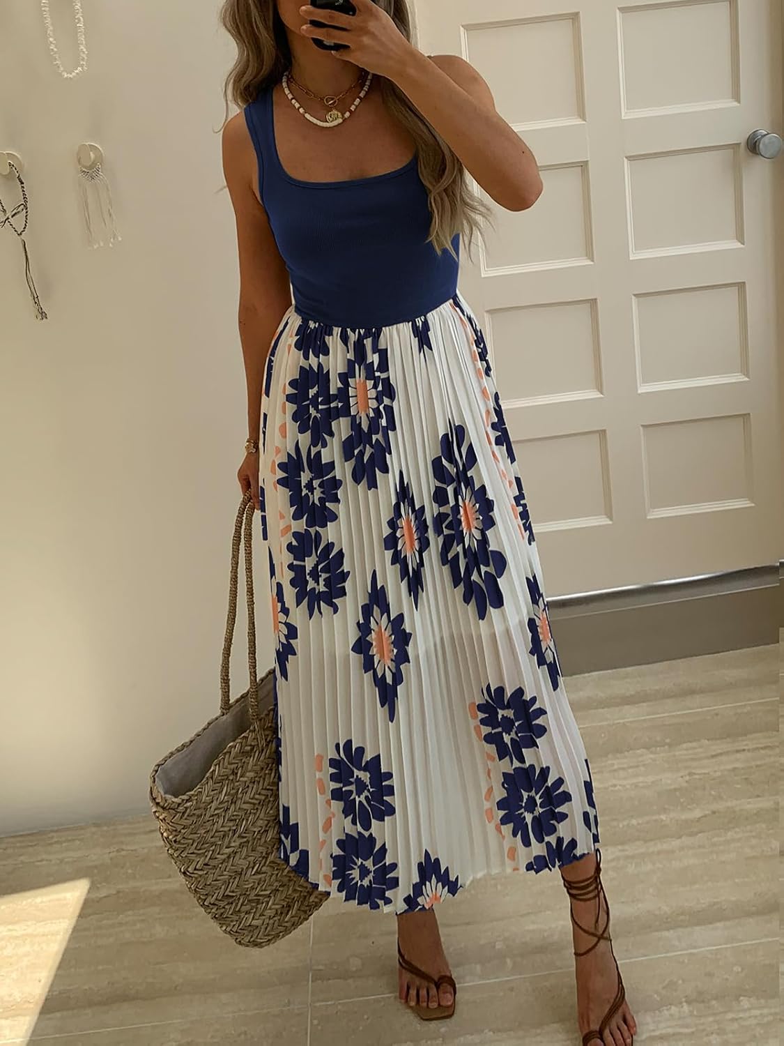 Women's Sleeveless Pleated Maxi Dress Boho Floral Print Summer Sundress High Waist Flowy A-Line Casual Dress - Image 2