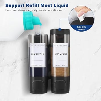 Shampoo and Conditioner Dispenser,Shower Dispenser 2 Chamber No Drill Shampoo for Shower Wall Mounted Soap Dispenser Body Wash for Bathroom Hotel Kitchen,2 * 300ML,Black