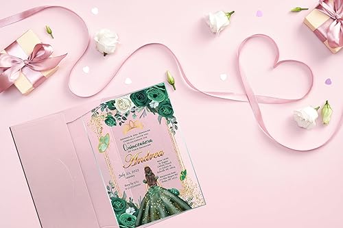 Miniatura 6 de Invitación de quinceañera Vestido verde esmeralda Invitación de vidrio acrílico, Mis Membrillo, Dulce 15, Dulce 16, Diseño floral, xv anos, 15 años,