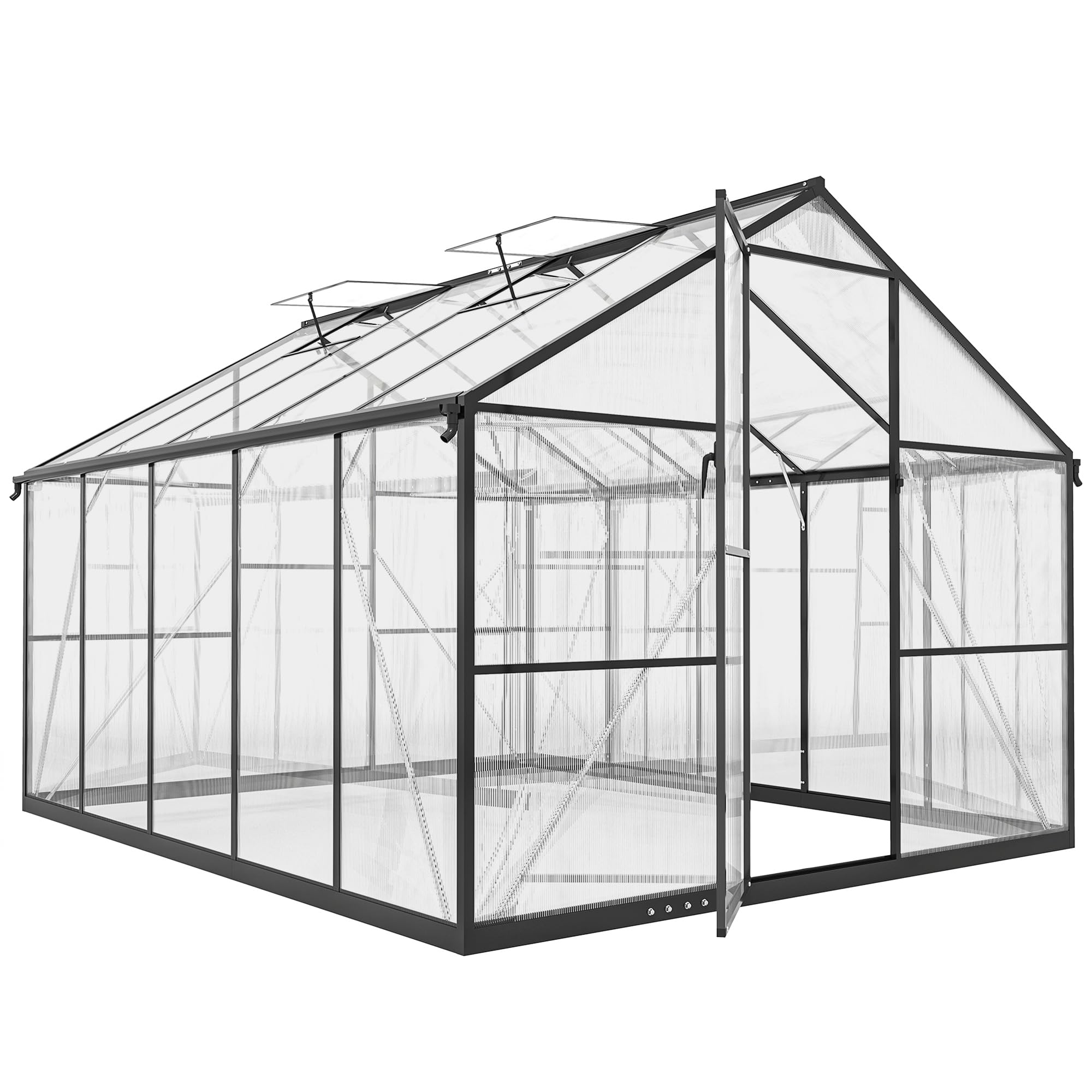 Outsunny Serra da Giardino Policarbonato con Grondaie 304x247x205cm Nero | 7.5㎡, Telaio in Lega di Alluminio, Serra per Orto, 2 Finestre a Tetto Regolabili, Porta a Battente, Anti UV, per Piante