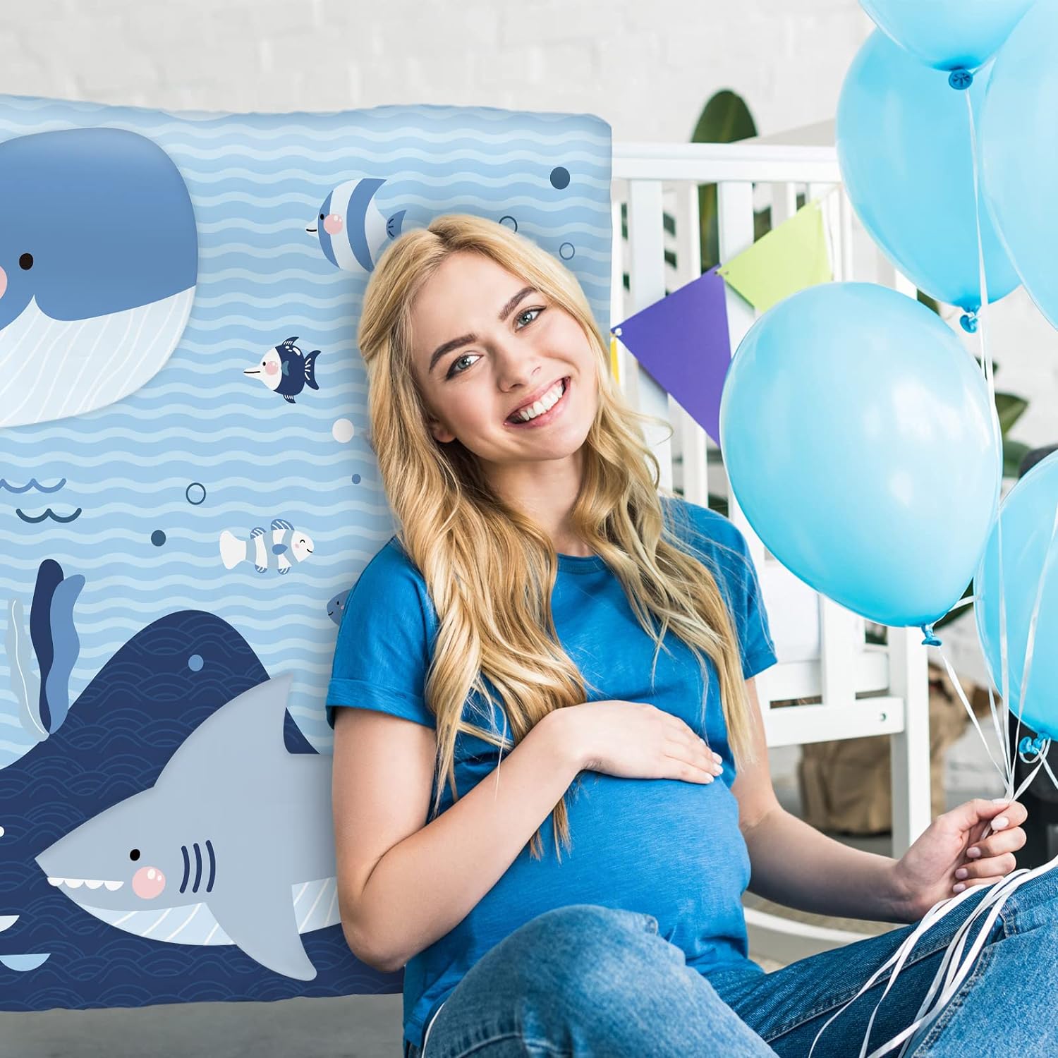 Rtteri 4 Pieces Baby Crib Bedding Set, Nursery Bedding Standard Size Soft Baby Bedding Set Including Crib Skirt, Blanket, Sheet and Diaper Stacker for Girls and Boys(Whale)