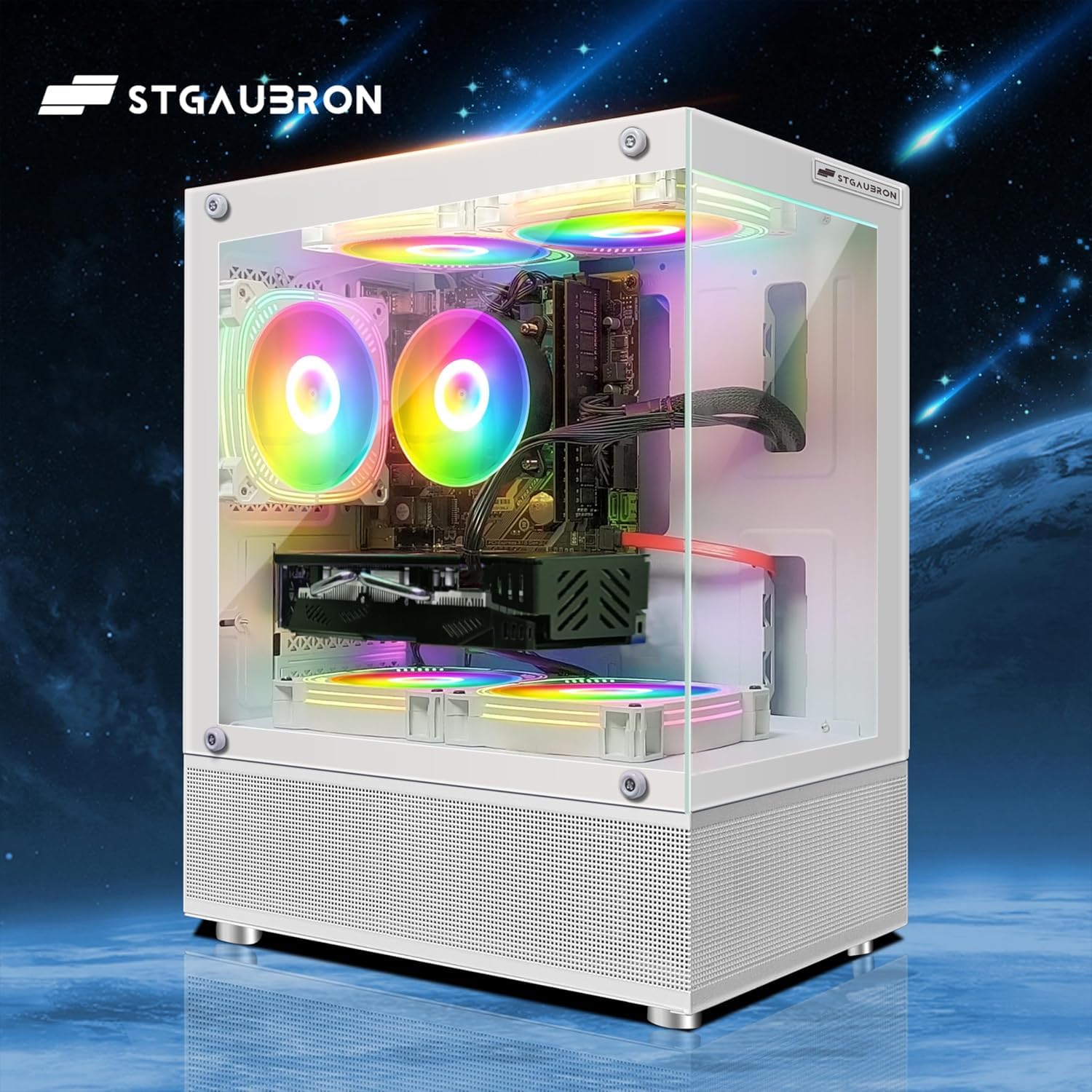 STGAubron Gaming PC Desktop Computer, Intel 10th Gen G5905 3.5G, Radeon RX 580 16G, 16GB DDR4, 1TB SSD, WiFi 6, BT 5.0, RGB Fan x5, Windows 11 Home, White