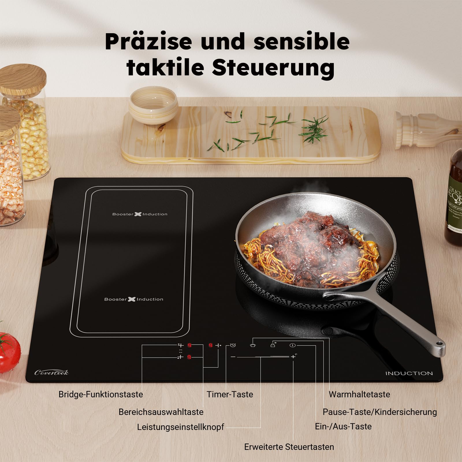 Placa de inducción 60 cm 3 luces función boost cocina eléctrica placa de control táctil potencia ajustable con seguridad cerradura y temporizador electrónico cocina moderna calefacción rápida