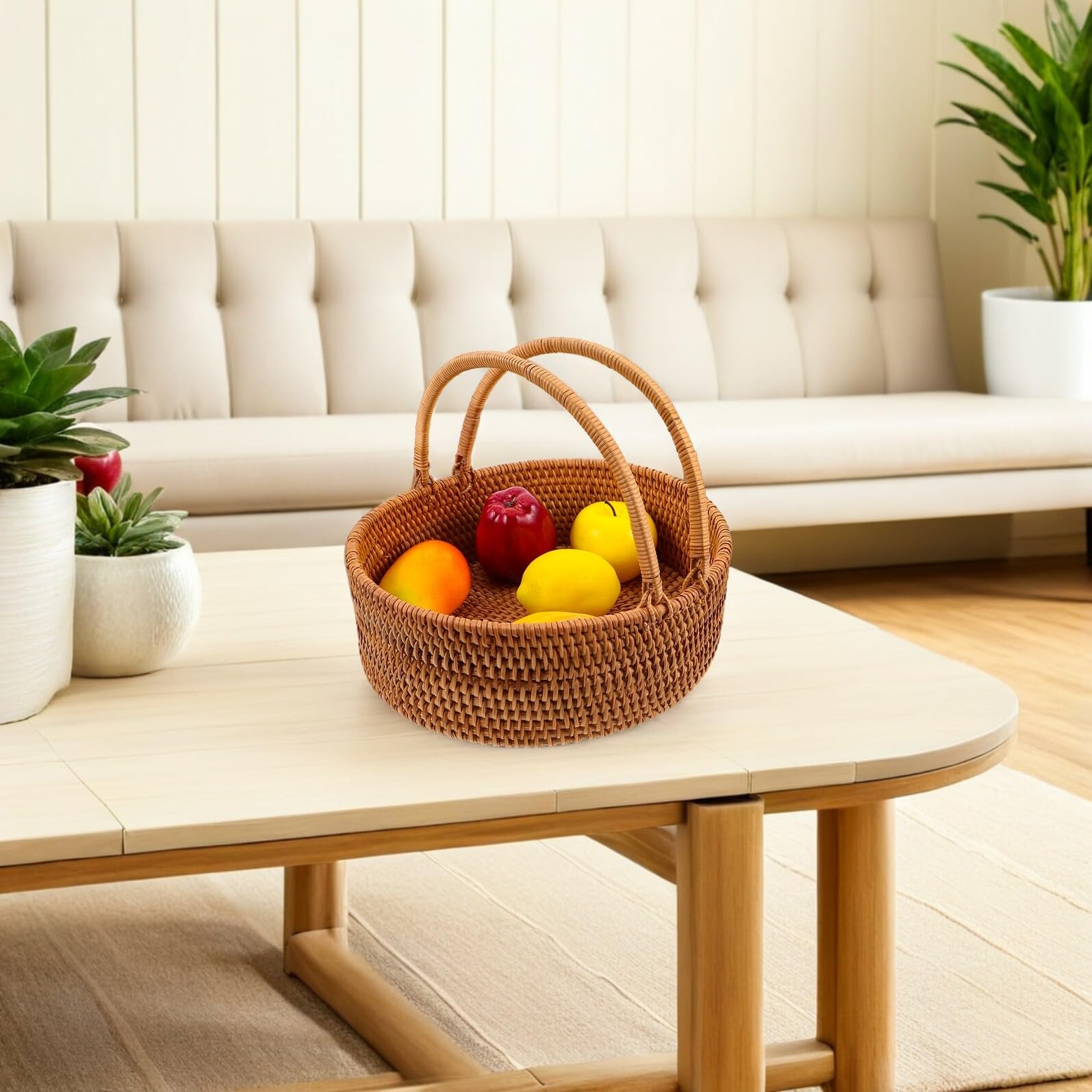 Veemoon Cesta de Ratán Tejida a Mano con Asa Cesta Organizadora Grande para Picnic Almacenamiento de Frutas para Cocina y Hogar Color Marrón Claro