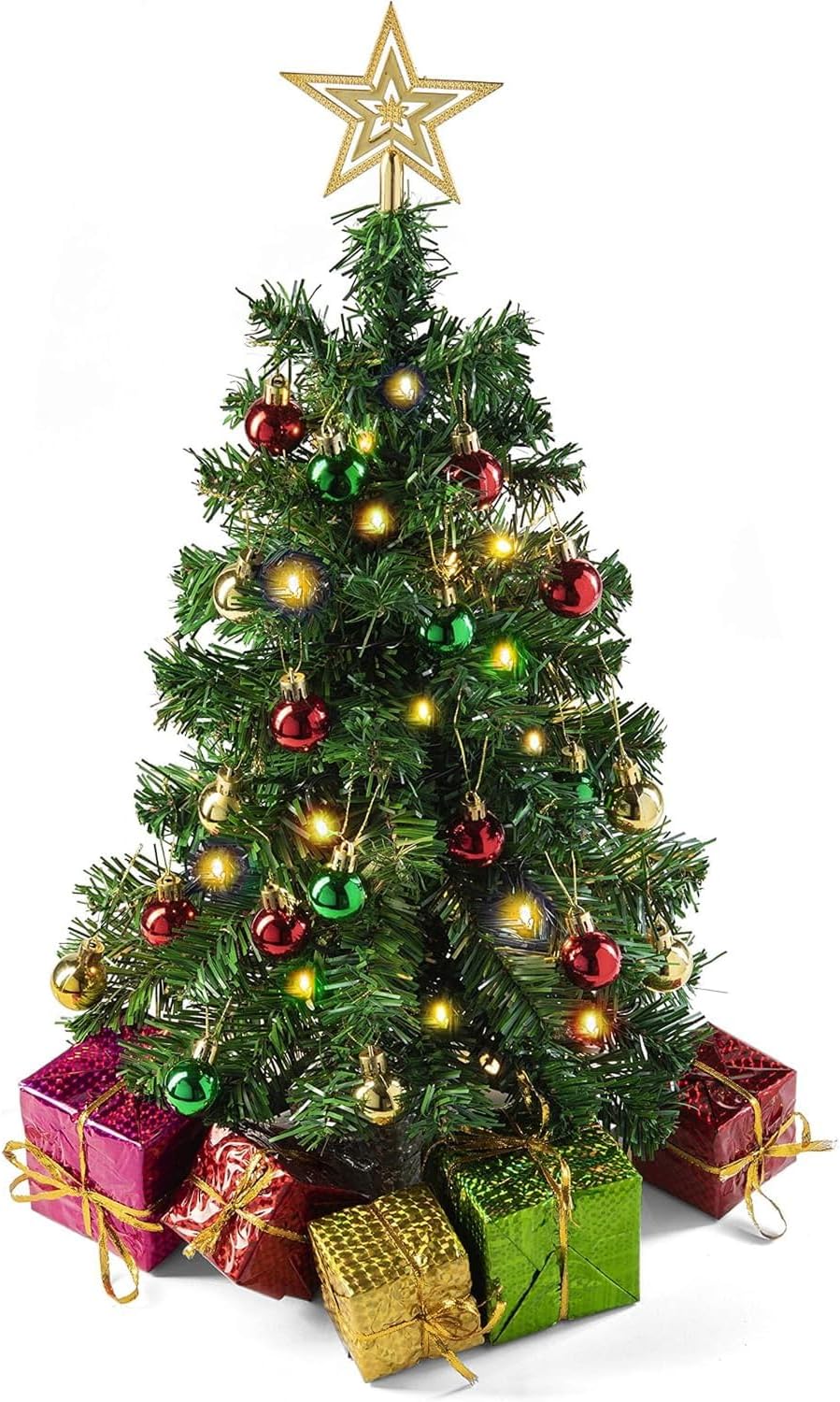 Prextex 23-Inch Mini Christmas Tree with Lights- Small Holiday Tree with Ornaments, Star Topper, and Gift Boxes- Easy Setup Table Decorations for Home, Office, and Indoor Festive Displays