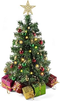 Prextex 23-Inch Mini Christmas Tree with Lights- Small Holiday Tree with Ornaments, Star Topper, and Gift Boxes- Easy Setup Table Decorations for Home, Office, and Indoor Festive Displays