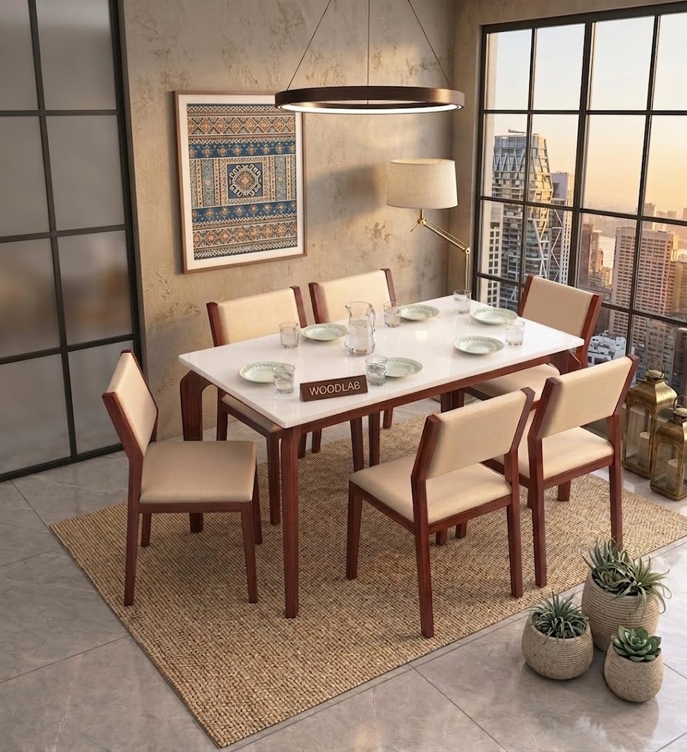 WOODLAB Furniture Solid Sheesham Wood 6 Seater Dining Table Set with Cushioned Chairs | Wooden Dining Table Set for Home, Dining Room, Living Room, Restaurant & Hotel (Natural Finish)-image-30