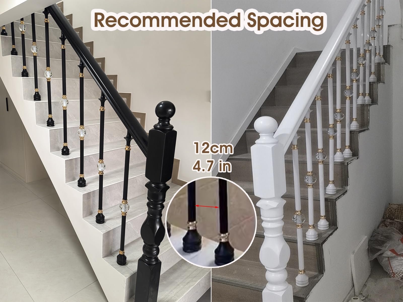Escalera Barandilla Reemplazo De Balaustres De 95cm Para Escaleras Interiores Y Exteriores, Barandilla Hueca De Aluminio Para Escalones/ Pasamanos Con Decoración De Bolas De Cristal(White,100 Pack)