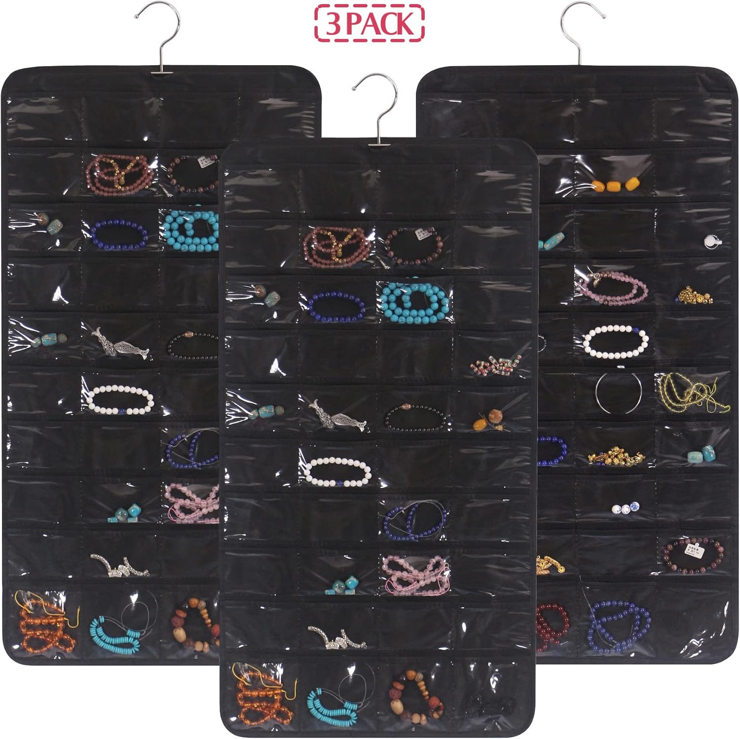 DIOMMELL 3 Pack Hanging Jewelry Organizer with 80 Pockets Jewelry Storage for Earrings Necklace Bracelet Ring Accessory, Black