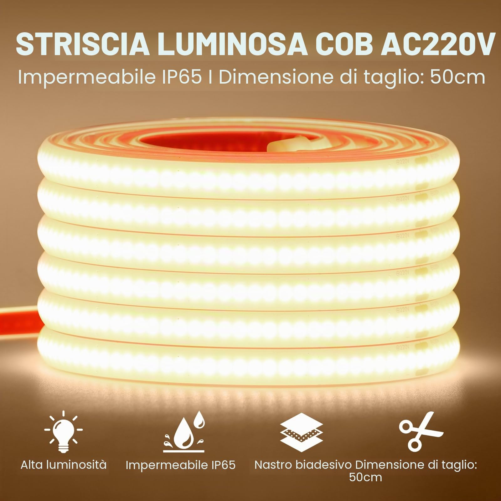 Striscia LED COB 220V, 25M Bianco Naturale 4000K FCOB Striscia LED flessibile, design fai da te, camera da letto, soggiorno, sala giochi, cucina, festa e decorazione del negozio